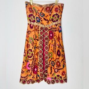 Cynthia Steffe Dress Anthropologie Orange Pink Gold Strapless Cotton Size 12